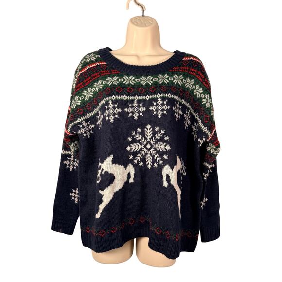 ASOS Sweater Womens US 6 Navy Fair Isle Reindeer Snowflake Christmas Cropped - Picture 1 of 10